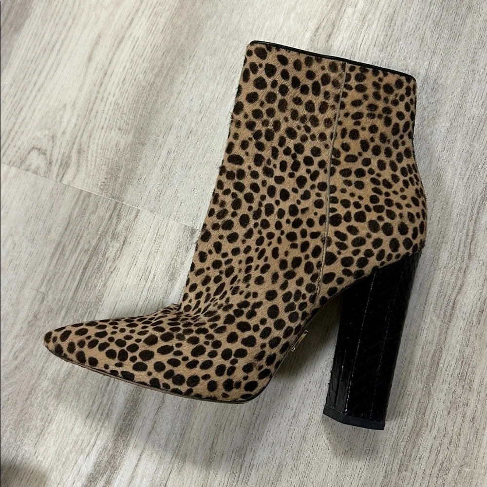 Michael Kors Leopard Calf Hair Embossed Leather Gold Zip Chunky Heel Ankle Boots